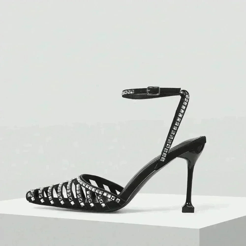 Black Glamorous Women's Rhinestone Buckle High Heel Shoes
